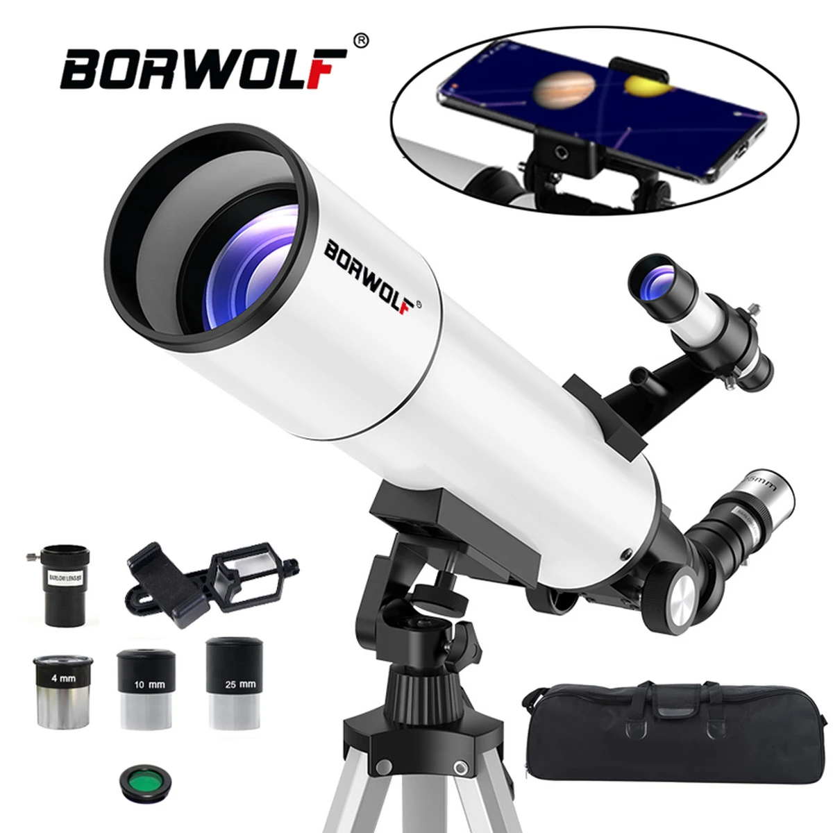 BORWOLF AZ80500 Astronomie-Teleskop für Erwachsene, 80mm Öffnung 500mm AZ-Montierung 625X HD BORWOLF AZ80500 Astronomie-Teleskop für Erwachsene, 80mm Öffnung 500mm AZ-Montierung 625X HD
