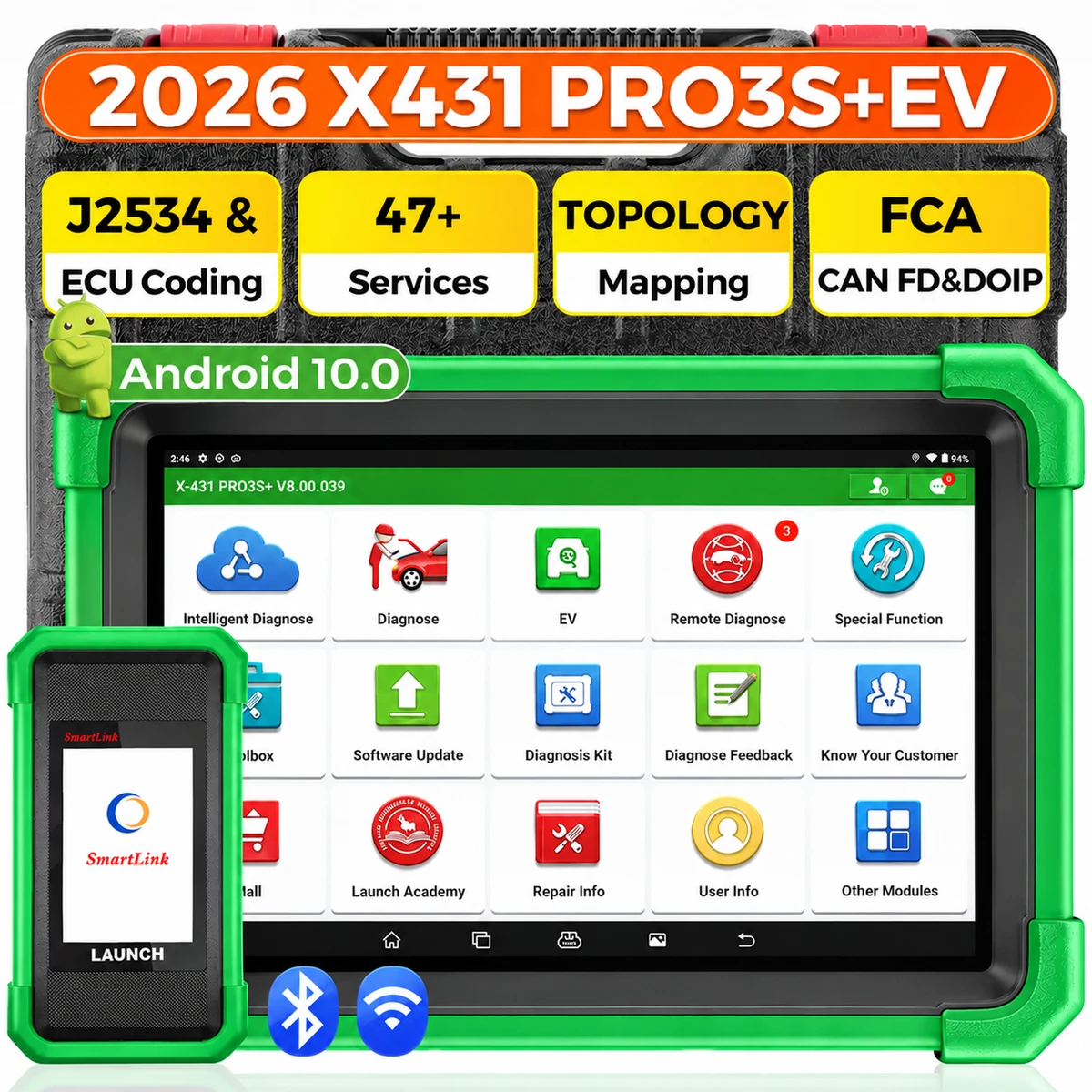 LAUNCH X431 PRO3S+ EV Diagnosegerät mit SmartLink C V2, Unterstützung lokaler und Ferndiagnose sowie Batterieanalyse