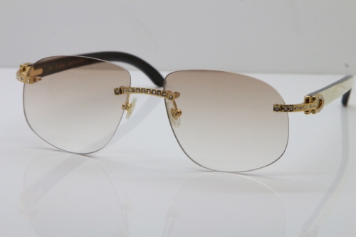 RCartier Rimless Smaller Big Stones T8100928 Original Black Mix White Buffalo Horn Sunglasses in Gold Brown Lens Limited edition