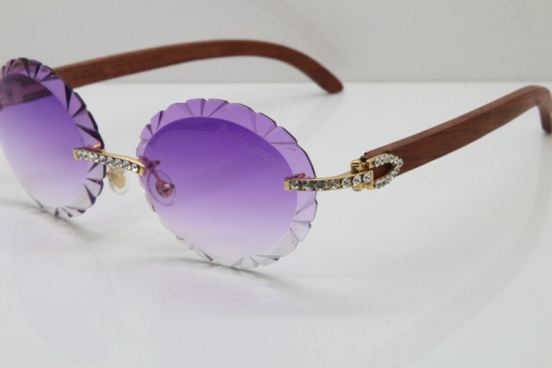 Cartier Big Stones Original Wood T8200761 Rimless Sunglasses In Gold Purple Carved Lens