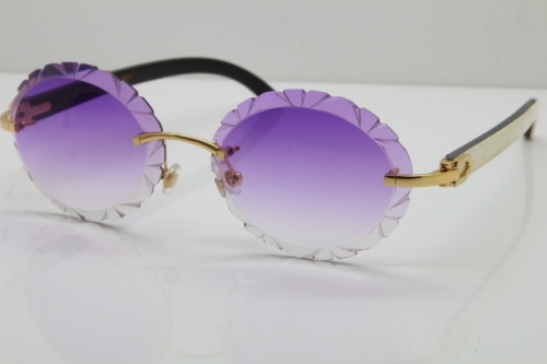 Cartier Rimless Original White Inside Black Buffalo Horn T8200761 Sunglasses in Gold Purple Carved Lens