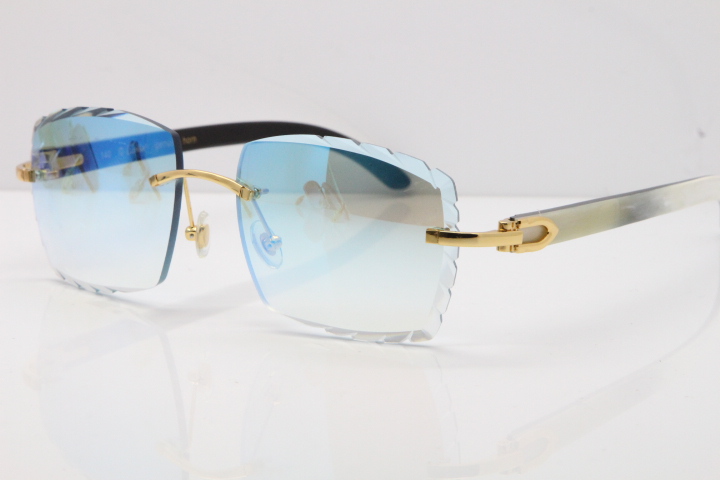 Cartier Rimless 8300816 Original White Inside Black Buffalo Horn Sunglasses In Gold Ice Blue 