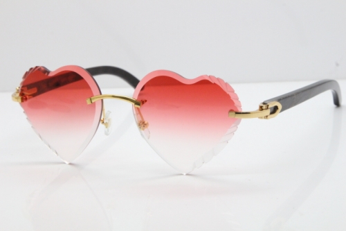 Cartier Rimless 3524012 Heart Original Black Flower Buffalo Horn Sunglasses in Gold Red Lens