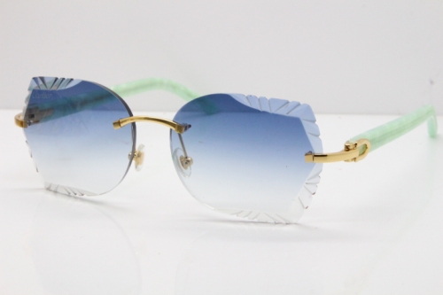 Cartier Rimless T8200762 Marble Green Aztec Arms Sunglasses In Gold Blue Lens