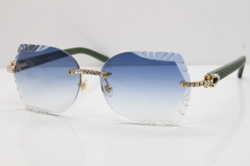 Cartier Rimless T8200762 Big Diamond Green Aztec Arms Sunglasses In Gold Blue Lens