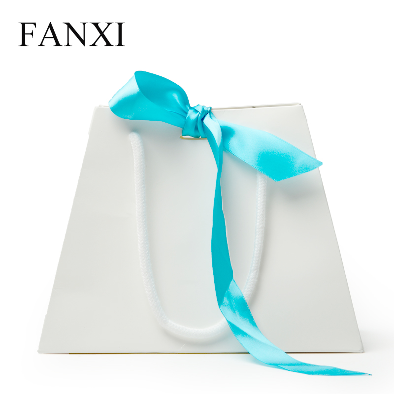 FANXI Wholesale Custom Logo White Paper Shopping Bags With Blue Ribbon And Cord For Jewelry Cosmetic Watch Cloth Gift Packaging Paper Bag