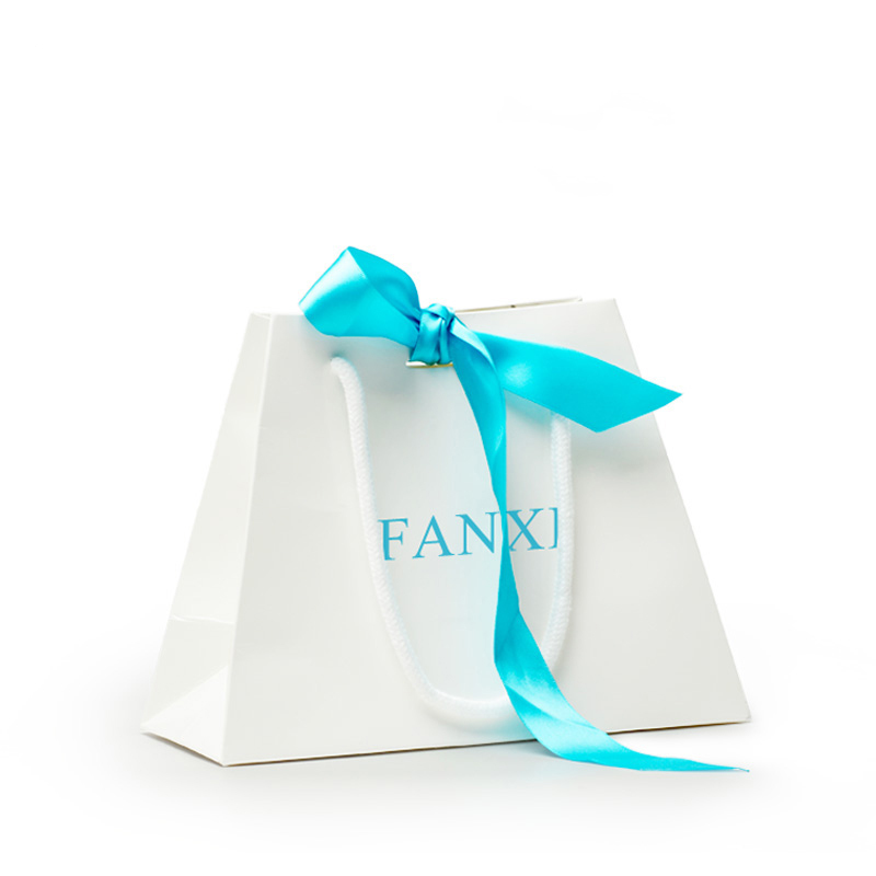 FANXI Wholesale Custom Logo White Paper Shopping Bags With Blue Ribbon And Cord For Jewelry Cosmetic Watch Cloth Gift Packaging Paper Bag