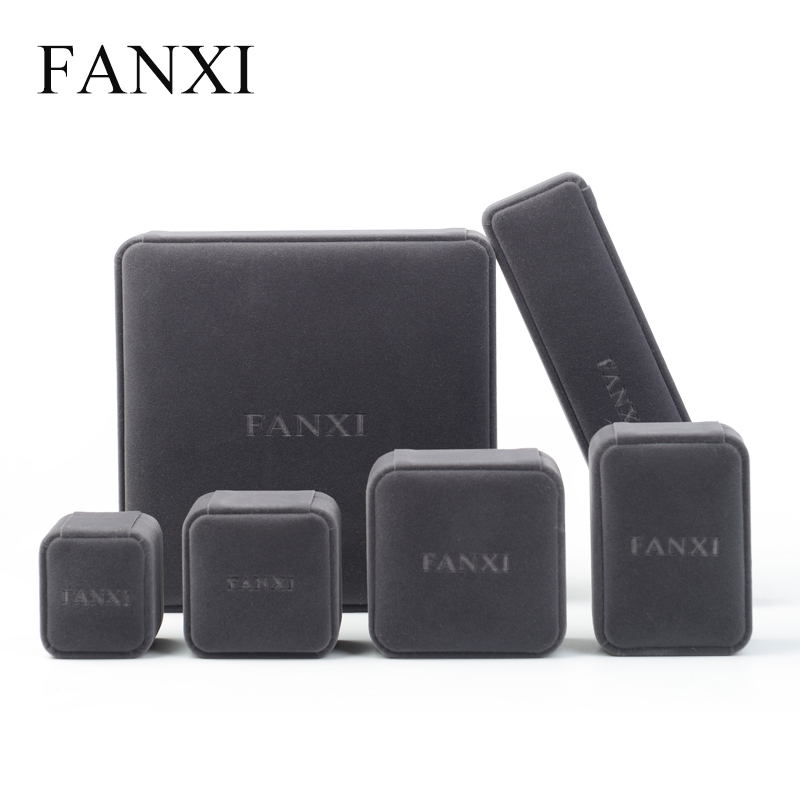 FANXI Wholesale Custom Logo Jewellery Packaging Boxes For Ring Earrings Necklace Bangle Bracelet And Watch Packing Gray Velvet Jewelry Box