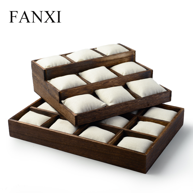 FANXI Custom Baking wood Jewelry Trays With Linen Pillows For Bangle Bracelet Showcase Wooden Watch Display Tray