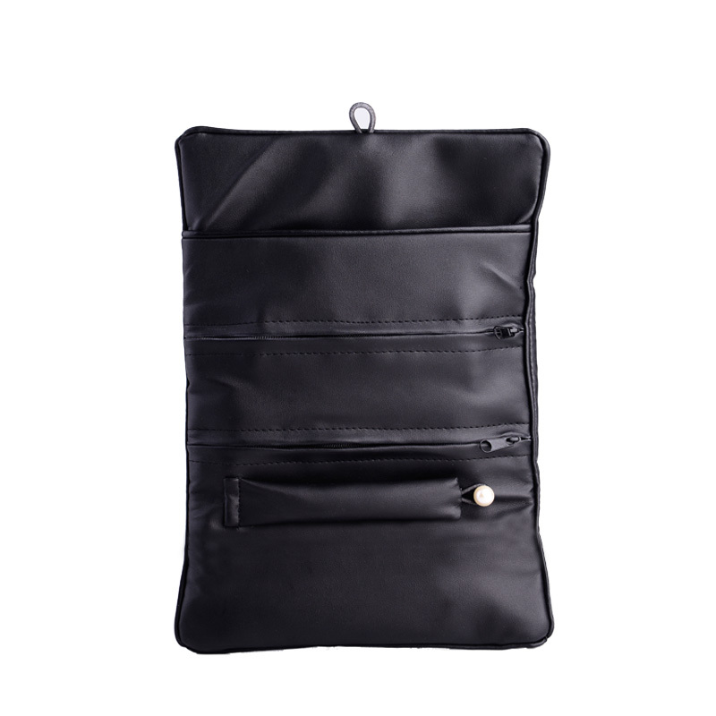 FANXI Wholesale Custom Black PU Jewellery Storage Bag For Ring Earrings Necklace Bracelet Bangle Packaging Travel Leather Jewelry Roll