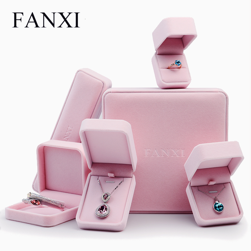 FANXI Custom Logo Wedding Gift Boxes For Ring Necklace Bracelet Bangle Earrings Packing Pink Velvet Jewelry Packaging Box