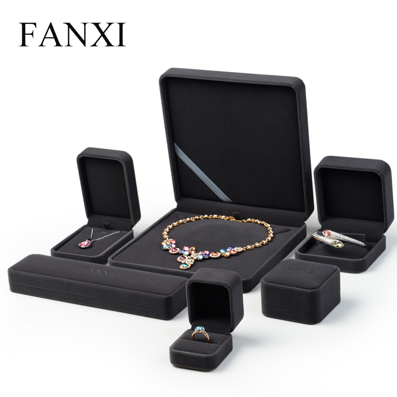 FANXI Custom Logo Plastic Packaging Boxes For Ring Necklace Earrings Bracelet Storage Black Velvet Jewelry Gift Box