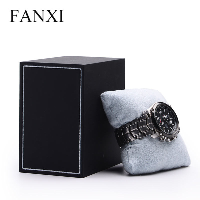 FANXI Custom Logo Black Touching Paper Jewelry Box With Blue Suede Pillow For Bangle Bracelet Packing Drawer Plastic Packaging Watch Box