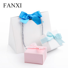 FANXI OEM Custom Logo Gift Bags With Blue Ribbon For Watch Cosmetic Cloth Jewelry Packaging White Foldable Paper Shopping bag