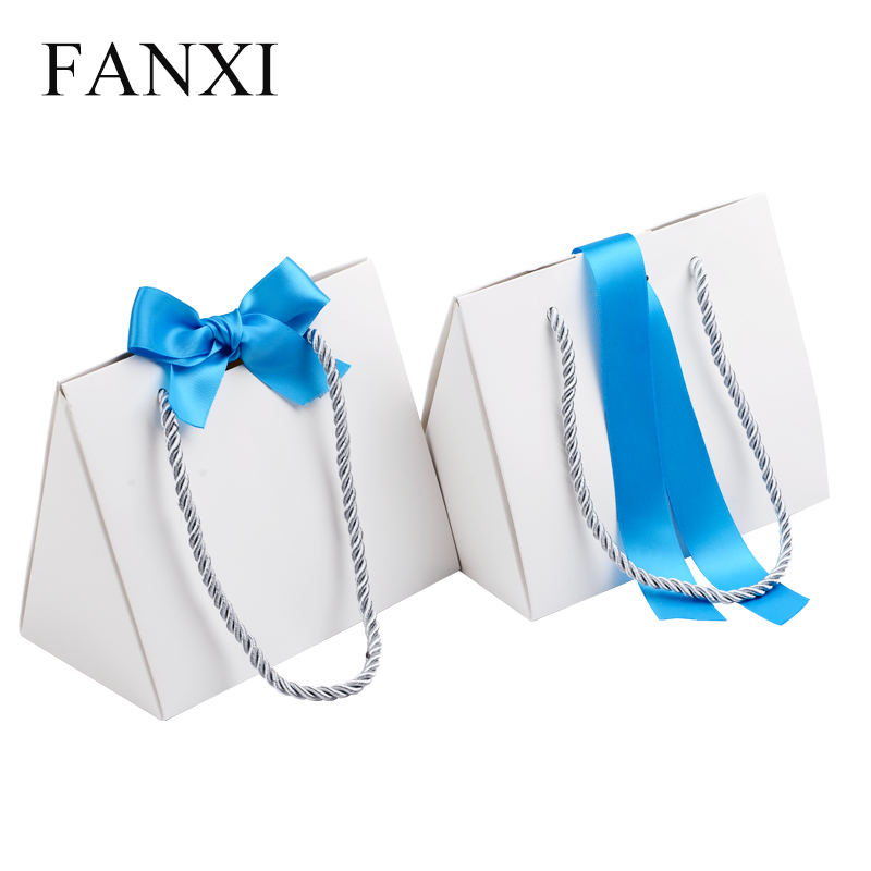 FANXI OEM Custom Logo Gift Bags With Blue Ribbon For Watch Cosmetic Cloth Jewelry Packaging White Foldable Paper Shopping bag