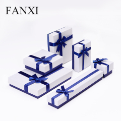 FANXI Custom Logo Cardboard Packing Boxes With Blue Ribbon And Foam Insert For Ring Necklace Bracelet Jewelry Set Gift Paper Box