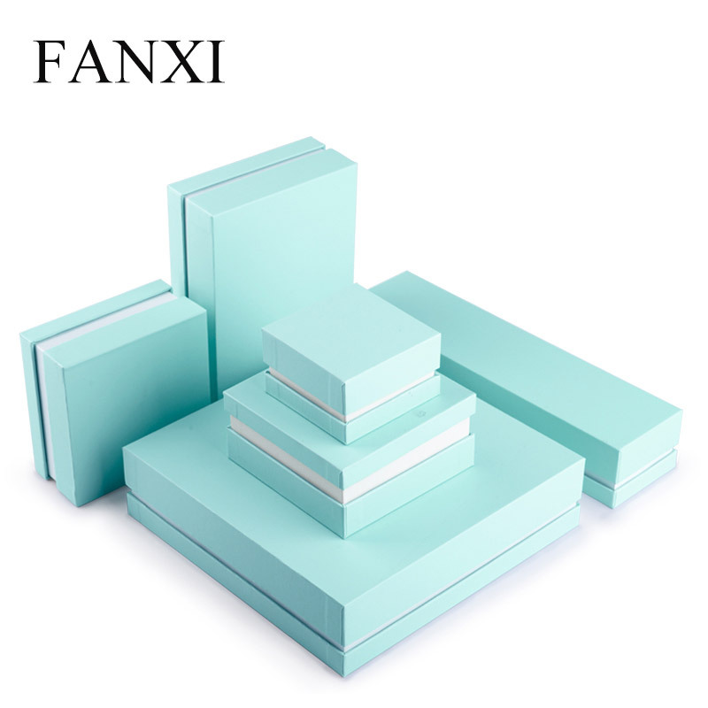 FANXI Custom Fancy Leatherette Paper Gift Boxes With White PU Leather Insert For Ring Earrings Necklace Bracelet Bangle Green Cardboard Jewelry Box