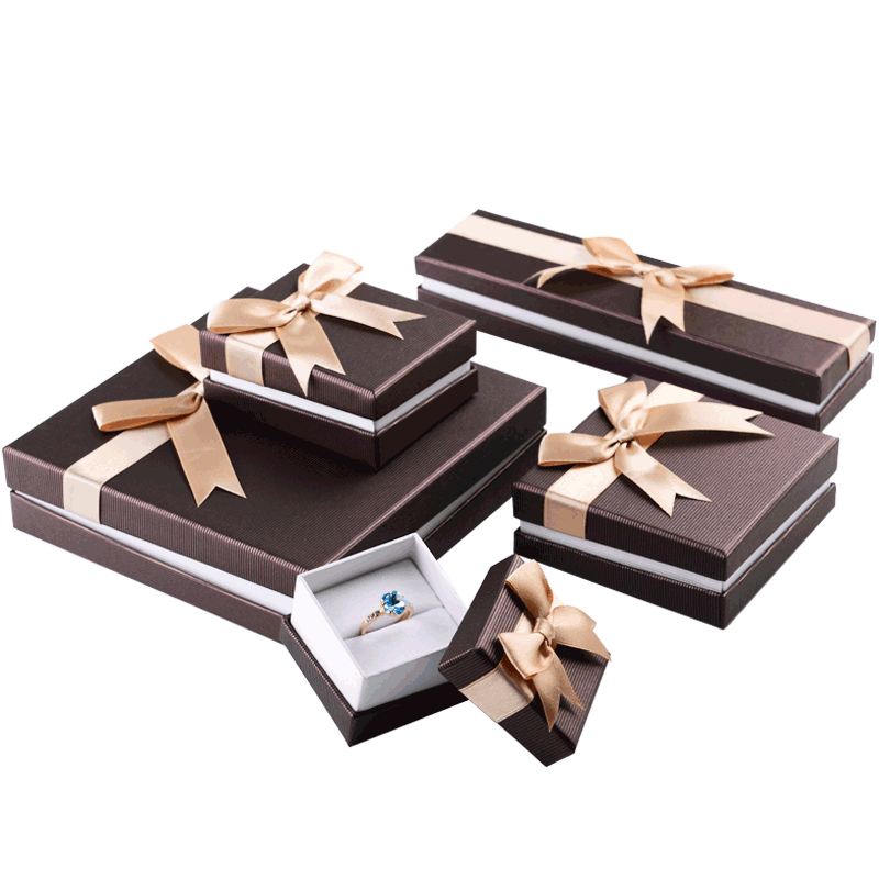 FANXI Custom Logo Chocolate Color Paper Jewellery Boxes With Gold Ribbon And Velvet insert For Jewelry gift Storage Cardbord Packing Box