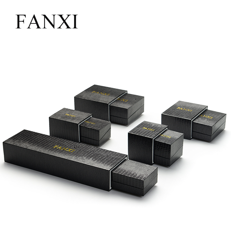 FANXI Black Crocodile Leatherette Paper Jewellery Packaging Boxes With Velvet Insert and Outer Box Custom Logo Luxury Drawer Jewelry Box