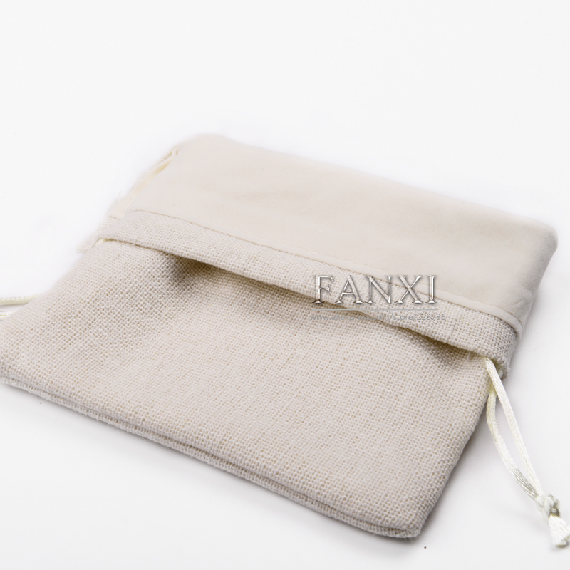 FANXI Wholesale OEM Jewelry Bag With Velvet Insert For Ring Necklace Bracelet Gift Custom Logo Beige Linen Jewellery Packaging Pouch