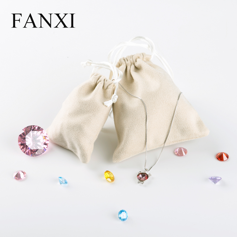 FANXI Wholesale Pouch Bag with Drawstring For Gift Jewellery Packing Custom Logo Luxury Beige Double-Face Suede Jewelry Pouch