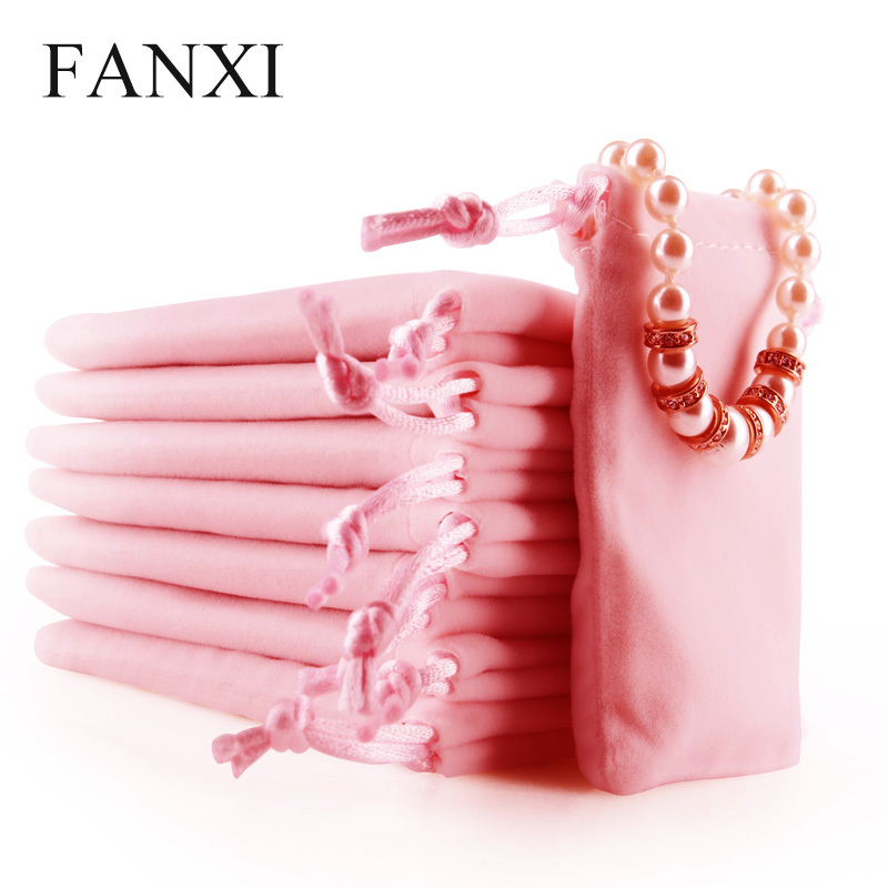 FANXI Custom Logo Packaging Bags For Gift Jewellery Ring Necklace Bracelet Bangle Party Favors Black Drawstring Velvet Jewelry Pouch