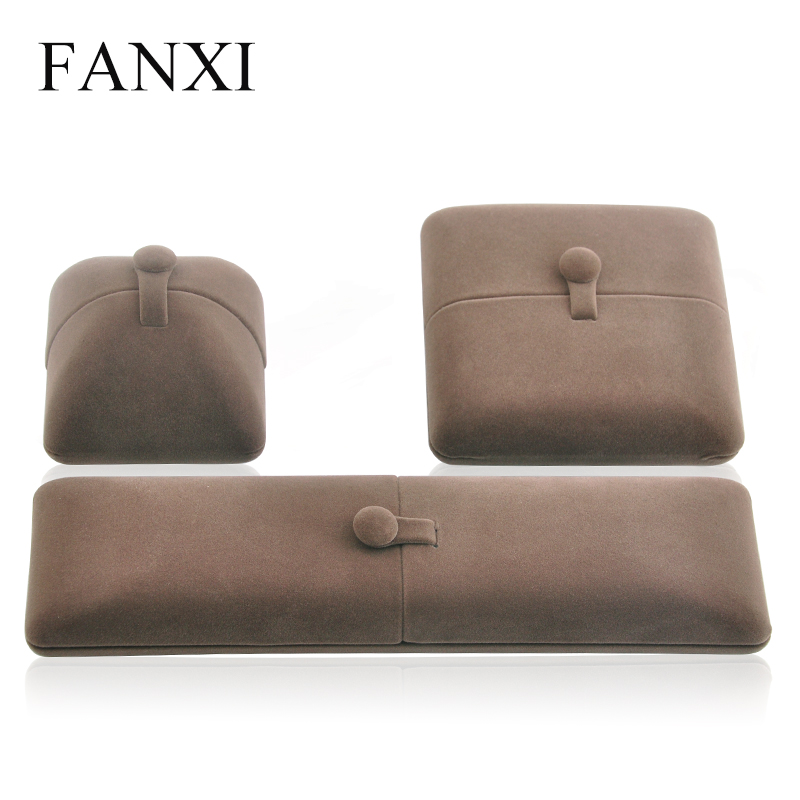 FANXI Custom Logo Plastic Jewelry Packaging Boxes With Button Luxury Double-door Gray Velvet Jewellery Box