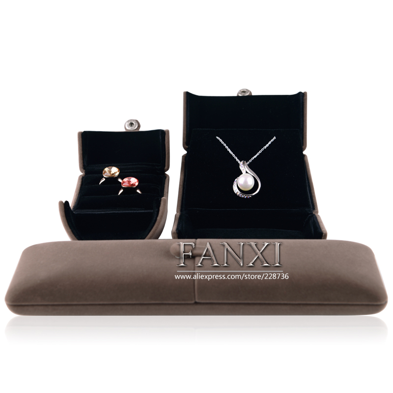 FANXI Wholesale Custom Logo Jewelry Box For Double Ring Earrings Necklace Bangle Bracelet Packaging Deluxe Coffee Velvet Ring Box