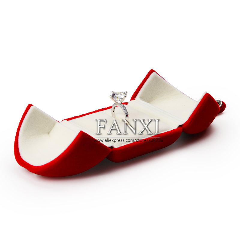 FANXI Custom Logo Plastic Jewelry Boxes With Button For Ring Double Ring Earrings Necklace Bangle Bracelet Packing Red Velvet Box