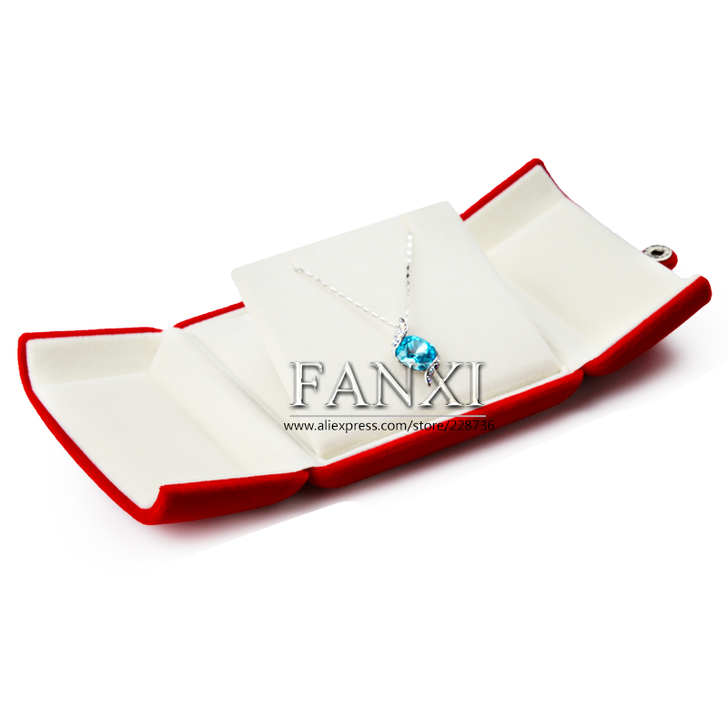 FANXI Custom Logo Plastic Jewelry Boxes With Button For Ring Double Ring Earrings Necklace Bangle Bracelet Packing Red Velvet Box