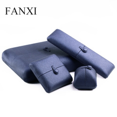 FANXI Custom Logo Jewelry Packaging Boxes With Black Velvet Insert And Button Double Door Blue PU Leather Jewellery Box