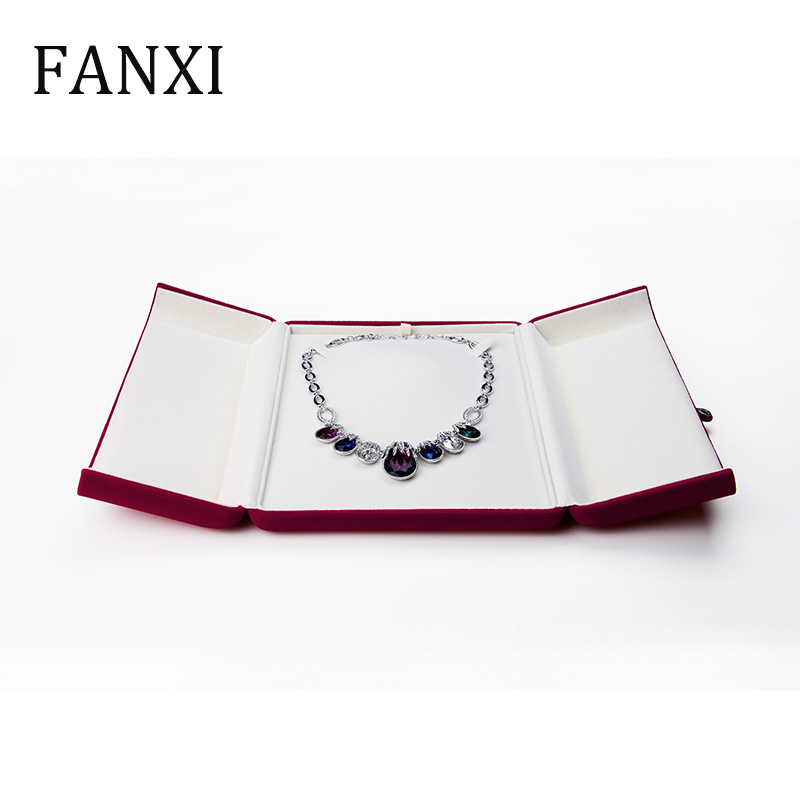 FANXI Wholesale Custom Logo Wine Red Double Door Packaging Boxes With Button For Ring Double Ring Necklace Bangle Bracelet Jewelry Velvet Gift Box