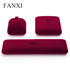 FANXI Wholesale Custom Logo Wine Red Double Door Packaging Boxes With Button For Ring Double Ring Necklace Bangle Bracelet Jewelry Velvet Gift Box