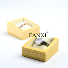 FANXI Custom Jewelry Display With White PU Leather Pillow For Bangle Bracelet Natural Wooden Watch Display