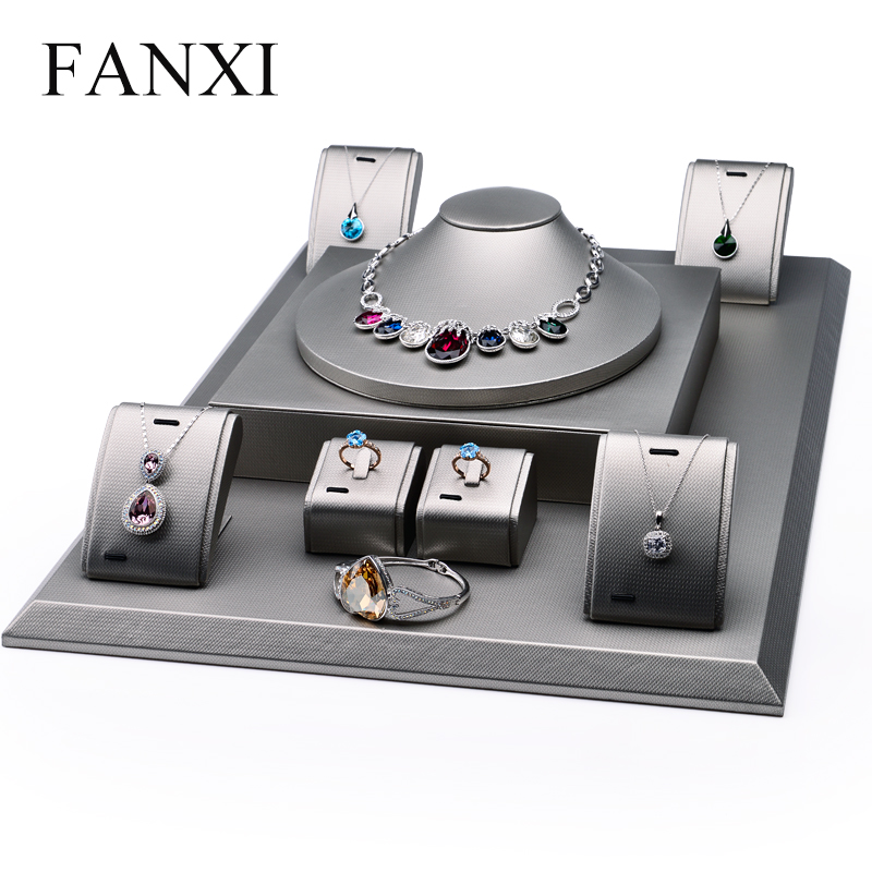 FANXI OEM Custom Logo Wooden Jewellery Showcase Set For Ring Necklace Pendant Bangle Display Silver PU Leather Jewelry Display Kits