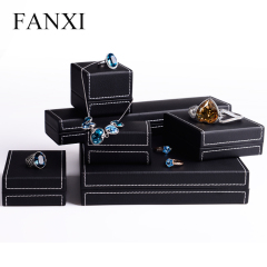 FANXI Custom Logo Plastic Packaging Boxes With Velvet Insert And White Sewing For Ring Double Ring Necklace Bracelet Black PU Leather Jewellery Box