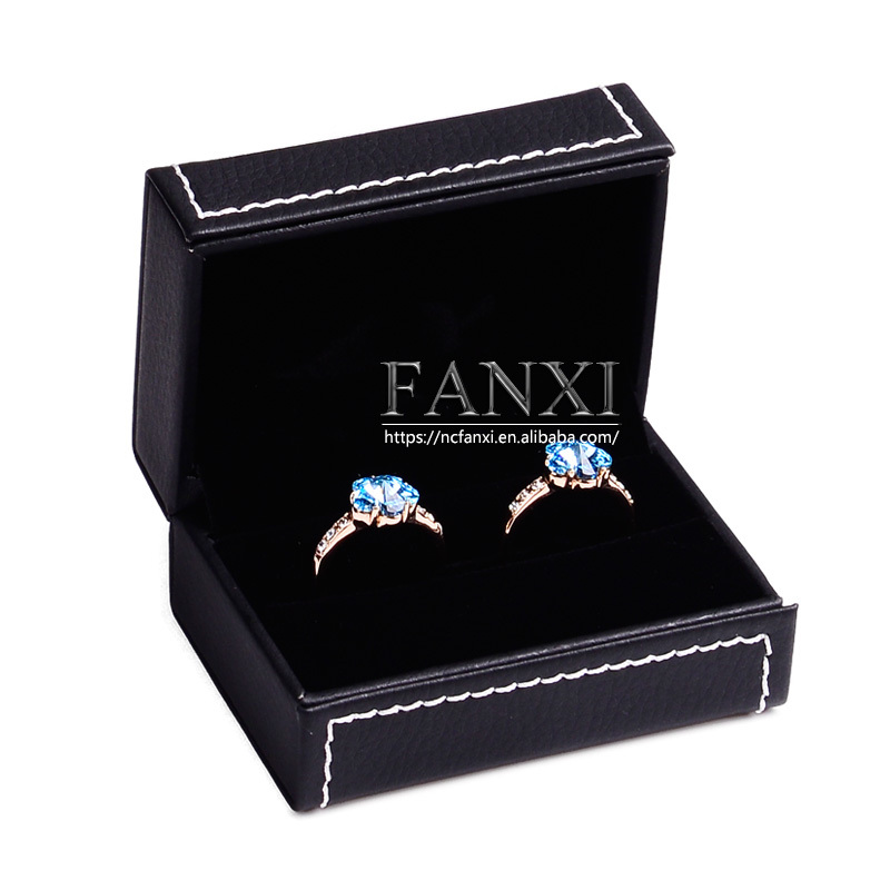 FANXI Custom Logo Plastic Packaging Boxes With Velvet Insert And White Sewing For Ring Double Ring Necklace Bracelet Black PU Leather Jewellery Box