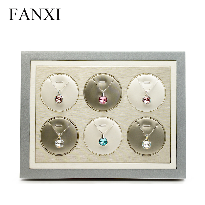 FANXI Custom Wooden Base Painted With Silver Lacquer For Ring Earrings Necklace Pendant Showcase Luxury PU Leather Jewelry Display Tray