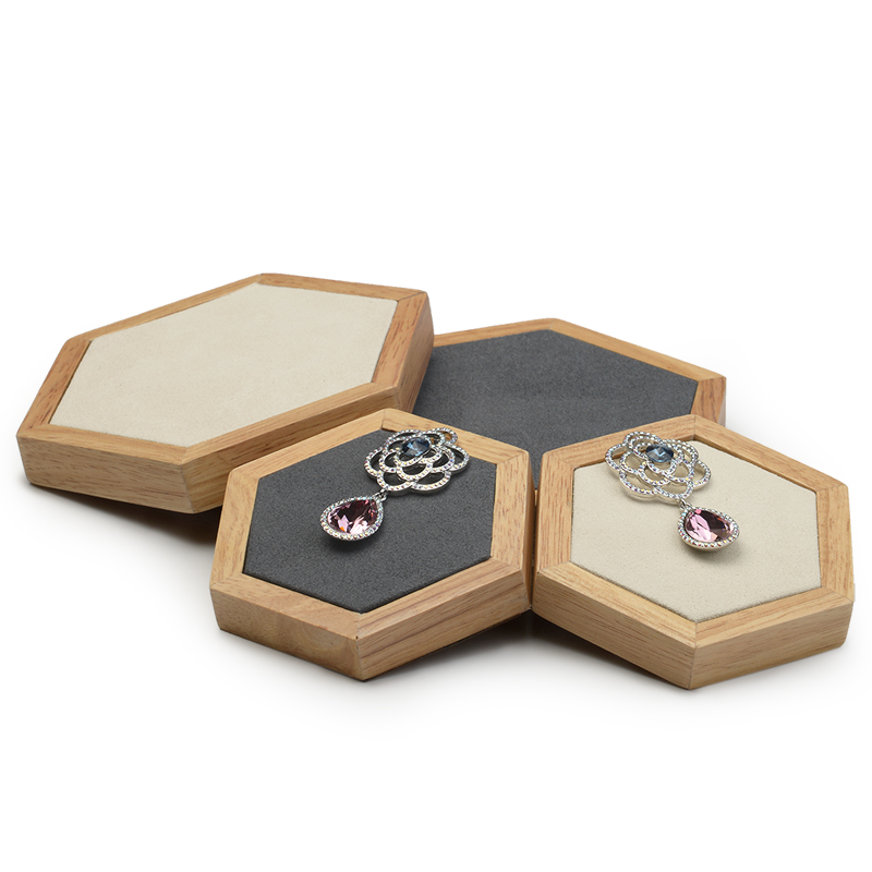 FANXI Wholesale Custom Gray And Beige Microfiber Jewellery Shop Showcase Hexagon Solid Wood Jewelry Display Props