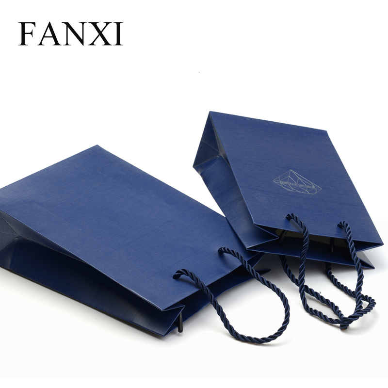 FANXI Custom Logo Blue And Black Shopping Packaging Bags With Cord For Watch Cosmetic Cloth Jewelry Storage Coated Paper Gift Bag