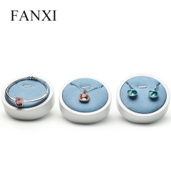 FANXI Custom Wholesale Wooden Jewellery EXhibitor Rack With Blue Microfiber Insert Round White Lacquer Jewelry Display Holder