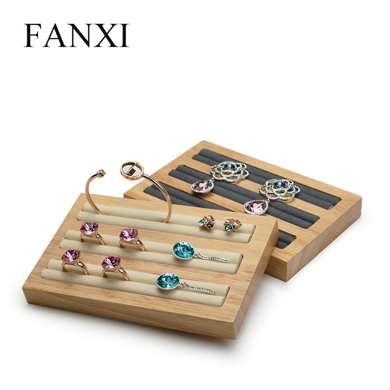 FANXI Custom Natural Wood Jewelry Shop Showcase Display Props With Micrifiber For Ring Earrings Samll Wooden Ring Display Tray