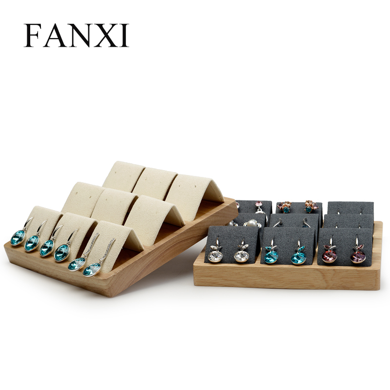 FANXI OEM Custom Natural Wood Jewelry Display Tray With Microfiber Insert For 9 Earrings Jewelry Earring Tray