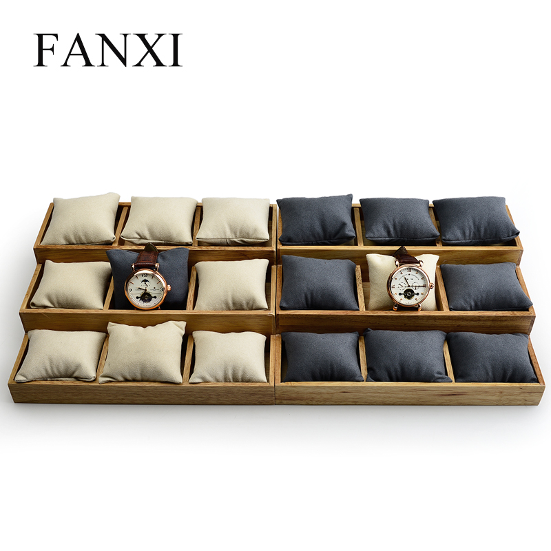 FANXI OEM Custom Solid Wood Jewellery Bangle Bracelet Exhibitor Trays With Microfiber Insert Watch Display Tray