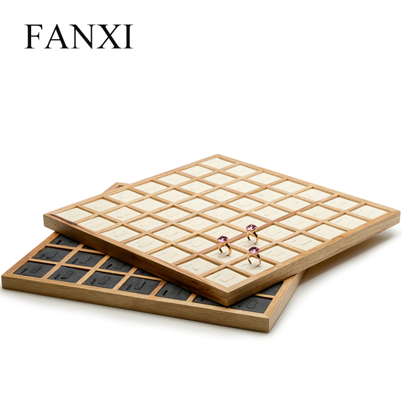 FANXI Wholesale Custom Big Jewelry Display Trays With Beige Gray Microfiber Insert For 49 Rings Showcase Wooden Ring Tray