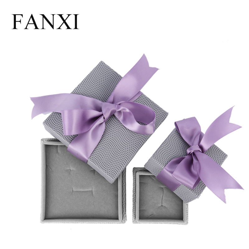 FANXI Gray PU Leather Jewellery Box With Velvet Insert And Purple Ribbon For Ring Necklace Earrings Pendant Wooden Jewelry Box