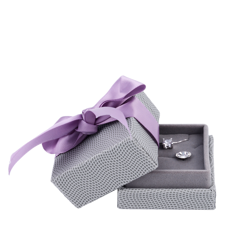 FANXI Gray PU Leather Jewellery Box With Velvet Insert And Purple Ribbon For Ring Necklace Earrings Pendant Wooden Jewelry Box