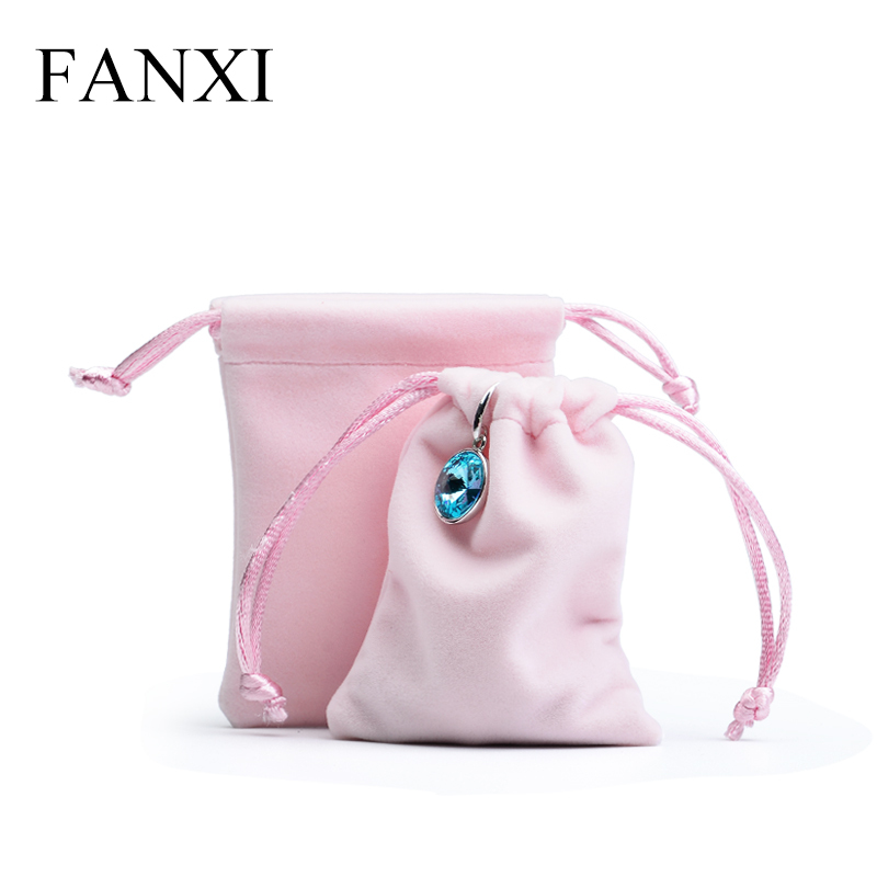 FANXI Custom Logo Jewellery Pouch Bag For Ring Necklace Watch Bracelet Packaging Light Pink Drawstring Velvet Jewelry Pouch