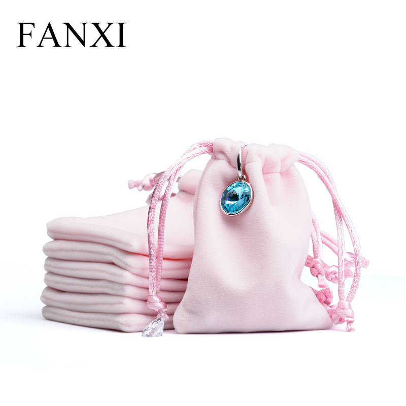 FANXI Custom Logo Jewellery Pouch Bag For Ring Necklace Watch Bracelet Packaging Light Pink Drawstring Velvet Jewelry Pouch