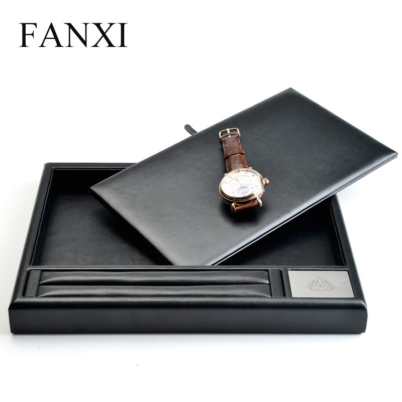 Luxury White And Black PU Leather Jewellery Display Service Trays With Metal Logo For Ring Necklace Bracelet Wooden Jewelry Serving Tray